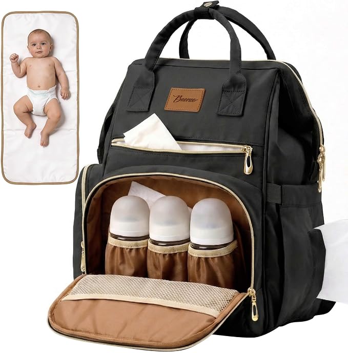 Diaper Bag Backpack with Wet/Dry Pocket, Changing Pad, 27L Black | 14 Pockets, 3 Insulated Bottle Pockets & Rear Opening for Organizing, Stroller Straps & Luggage Sleeve for Travel by Unknown