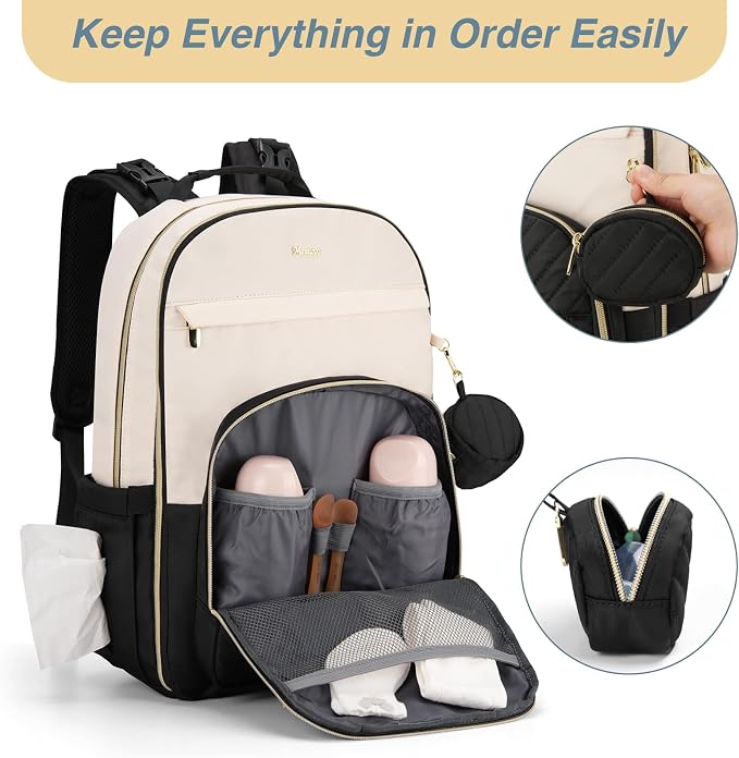 Diaper Bag Backpack, Quilted Baby Bag with Changing Pad & Stroller Straps & Pacifier Case, Multifunction Waterproof Travel Diaper Bags, Unisex, Black Beige - Image 5