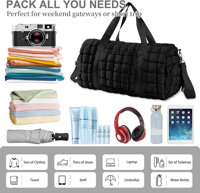 Quilted Travel Duffle Bag Gym Bag for Women,Large Puffer Duffle Weekender Bag with Compartment,Workout Overnight Carry on Organizer Bag Duffle Bag for Airplane Travel(Black) - Image 5
