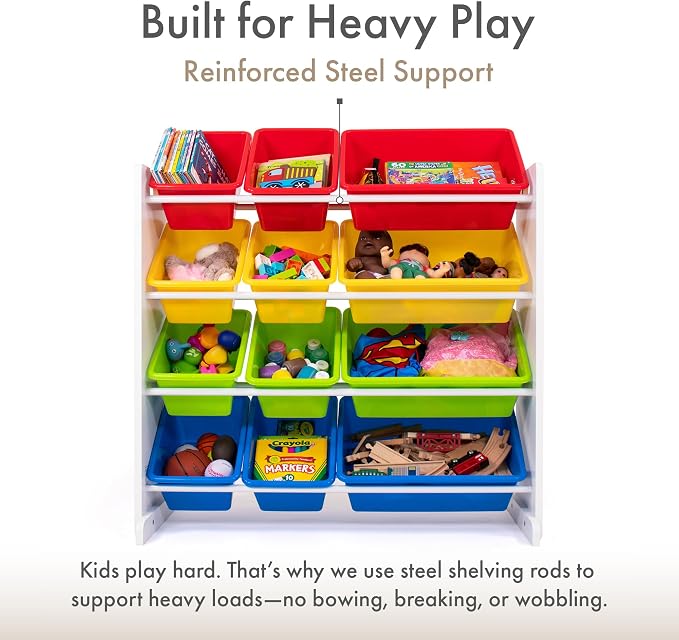 Humble Crew Kids Toy Organizer with 12 Bins, 4 Tier Storage for Playroom | Sturdy wood and steel toddler shelf, removable BPA-free containers, wall anchor anti-tip safety kit for bedroom or classroom - Image 4