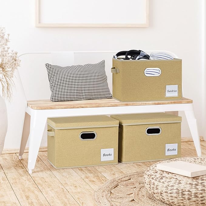 LHZK Extra Large Storage Bins with Lids 6 Pack, Foldable Linen Fabric Storage Boxes with Lids, Sturdy Fabric Storage Bins with Label & 3 Handles for Shelves Bedroom Home Office (Beige, Extra Large) - Image 6