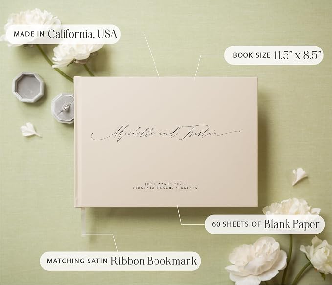 Personalized Guestbook in Oats- Premium Custom Modern Guest Book for Wedding Reception, Birthday Party or Events w/Bookmark Blank Pages for Signing 11.5 x 8.5 inches - Image 3
