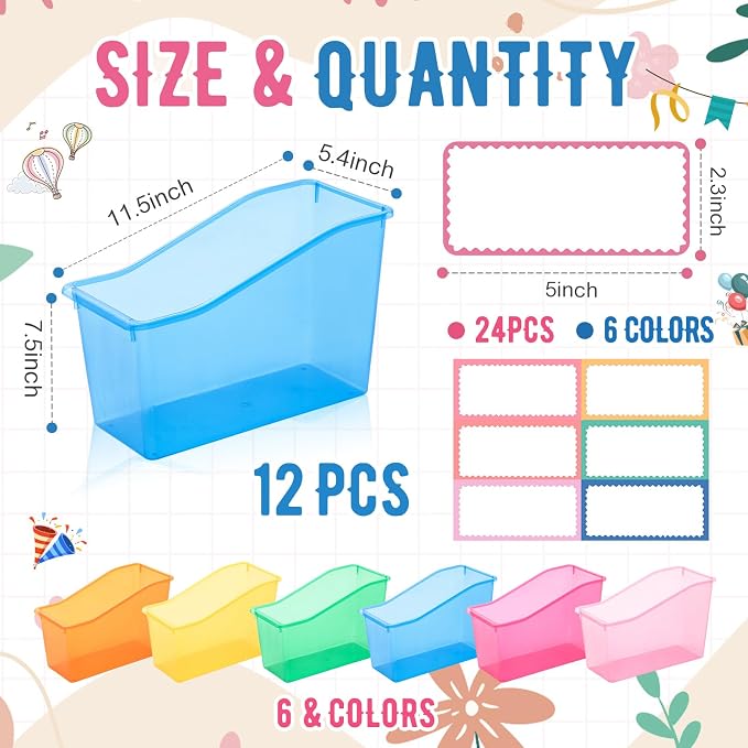 Geetery 12 Pcs Book Bin for Classroom with Labels Stackable Plastic Organizing Bins 11.5 x 5.4 x 7.5 in Book Holders Storage Bins Box Baskets for Classroom Library Home (Translucent Pastel) - Image 2