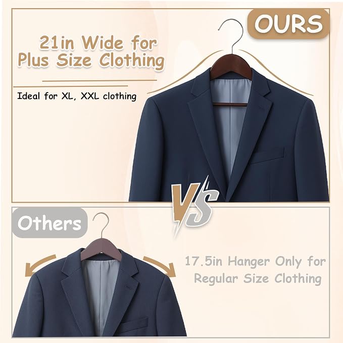 Urby 12pk 21 inch Wide Shoulder Wooden Hangers, Black Wood Color | For Plus Size Cloth, No Shoulder Bump Design, Non Slip Pants Bar, For XXL Suit, Jackets, Heavy Cloths, Easy-to-Install Hook - Image 3