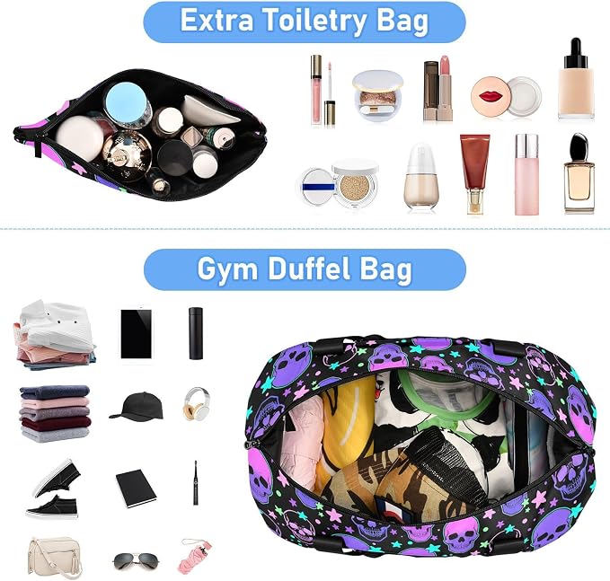 Travel Duffel Tote Bag Stars Purple Skulls Sports Duffel Bag with Wet Pocket Weekender Overnight Bag for Women Men Gym Bag, Carry On Bag Hospital Bag for Labor and Delivery - Image 3