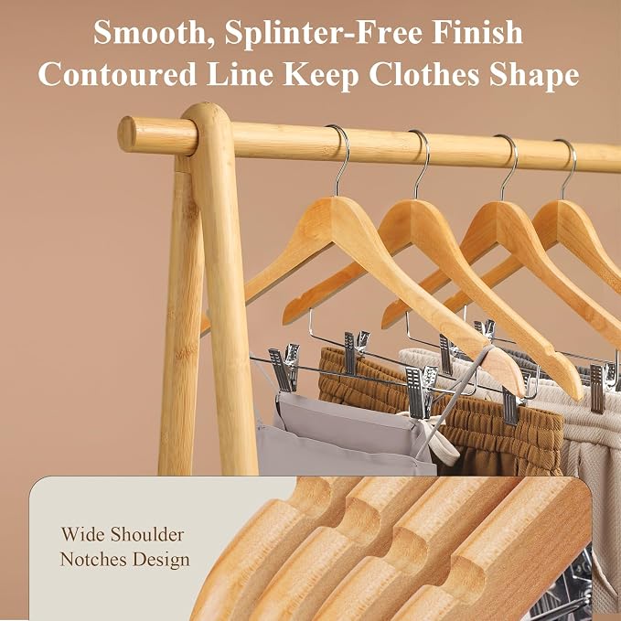 Wooden Hangers with Clips 12 Pack Wooden Pants Hangers,Skirt Hangers with Adjustable Clips,Hangers for Pants,Jeans,Slacks,Shorts（Natural） - Image 2
