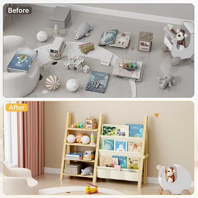 Toy Storage Organizer with Kids Bookshelf, Montessori Wooden Toy Organizer Book Shelf for Kids Rooms, Nursery, Playroom, Child, Baby, Toddler Bookcase, Toys Rack Fabric Sling Book Shelves - Image 4