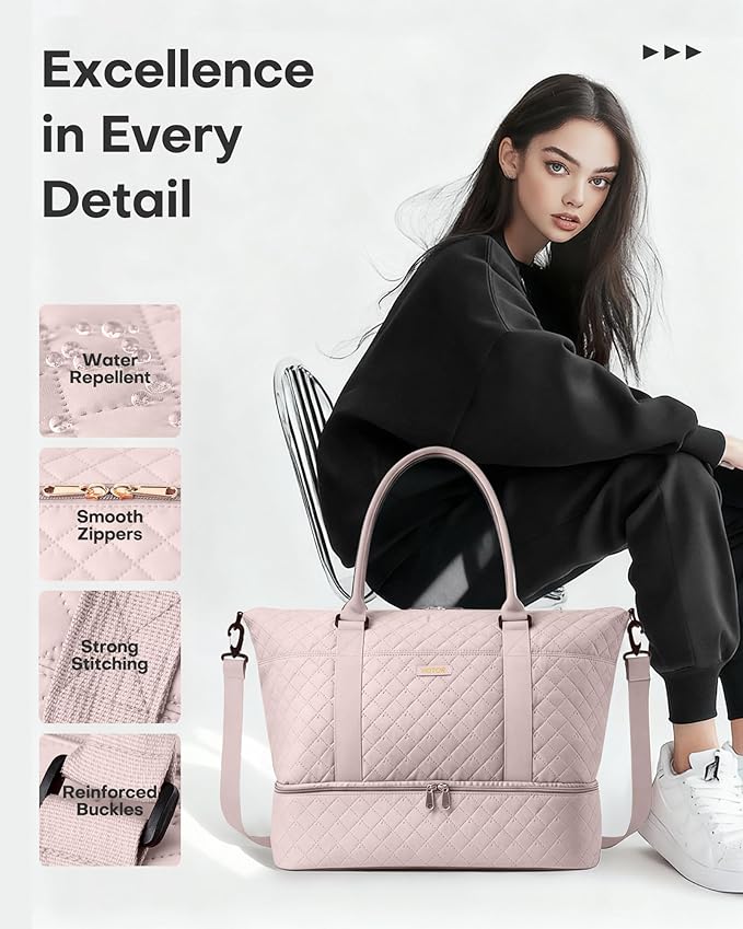 HOTOR Travel Duffel Bag - Weekender Bags for Women, Carry On Gym Tote Bags | with Toiletry Bag & Shoe Compartment, Overnight Bag for Travel Essentials and Travel Accessories, Pink, 15.8"×18.1"×8.7" - Image 7