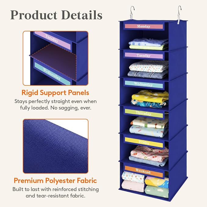 Lifewit 6 Shelf Weekly Hanging Clothes Storage Organizer for Kids, Blue | Closet Storage with Color Labels for School Outfits, Daily Clothing Divider with Days of The Week Monday to Friday Weekend - Image 2