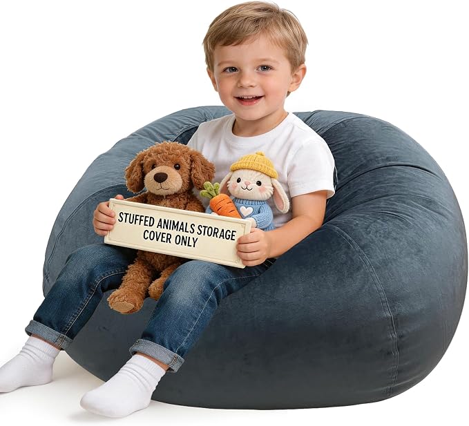 Lukeight Stuffed Animal Storage Bean Bag Chair Cover for Kids, Velvet Plush Toy Organizer Seat, Cover Only, No Filling Included, Long YKK Zipper, Side Pocket, Large 27"D x 16"H by Lukeight