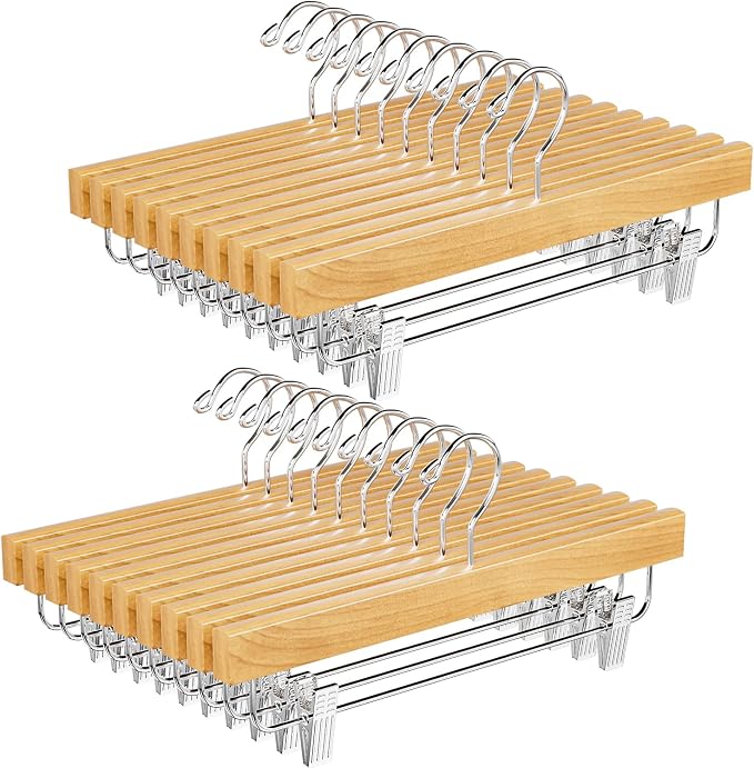 BAGAIL 20 Pack Wooden Pants Hangers with Adjustable Clips, 360°Swivel Hook Space Saving Skirt Holders with Anti-Rust Clips for Trousers, Jeans, Shorts (Natural) by BAGAIL
