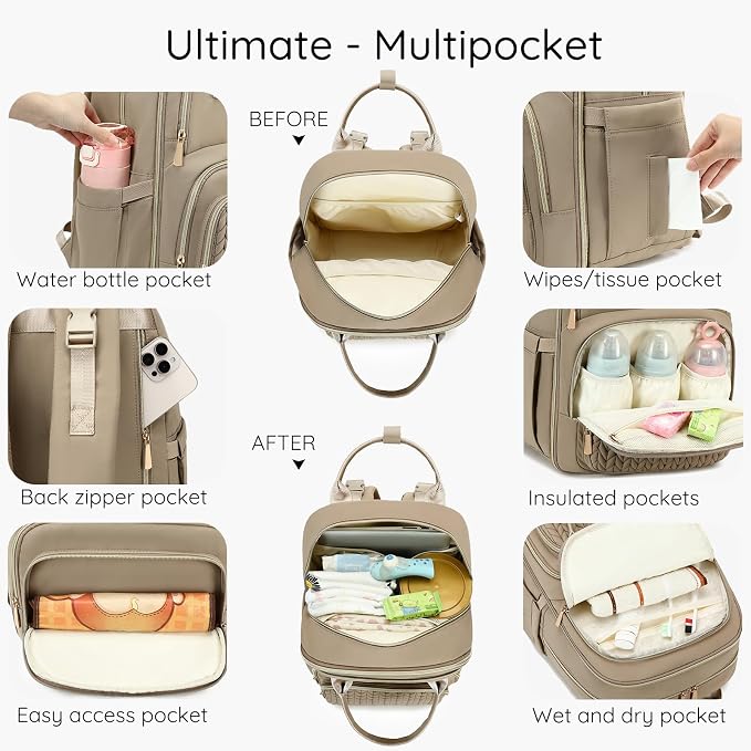 AIJIEKE Diaper Bag Backpack, Large Multi-functional Diaper Backpack, Khaki | Waterproof lightweight baby backpack. With changing pad, stroller straps, insulated & wet/dry pockets. Mom & dad essential - Image 2