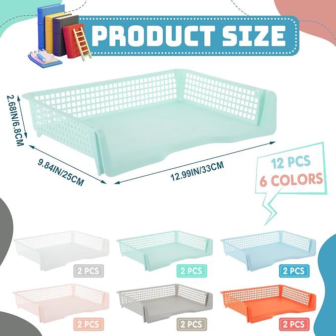 Teenyyou Set of 12 Colorful Turn in Trays Classroom Plastic Stackable Paper Tray Classroom Teachers Desk Organizer Bin for Office Home Teachers Organization and Storage, 9 x 13 x 3 Inches(Boho) - Image 4