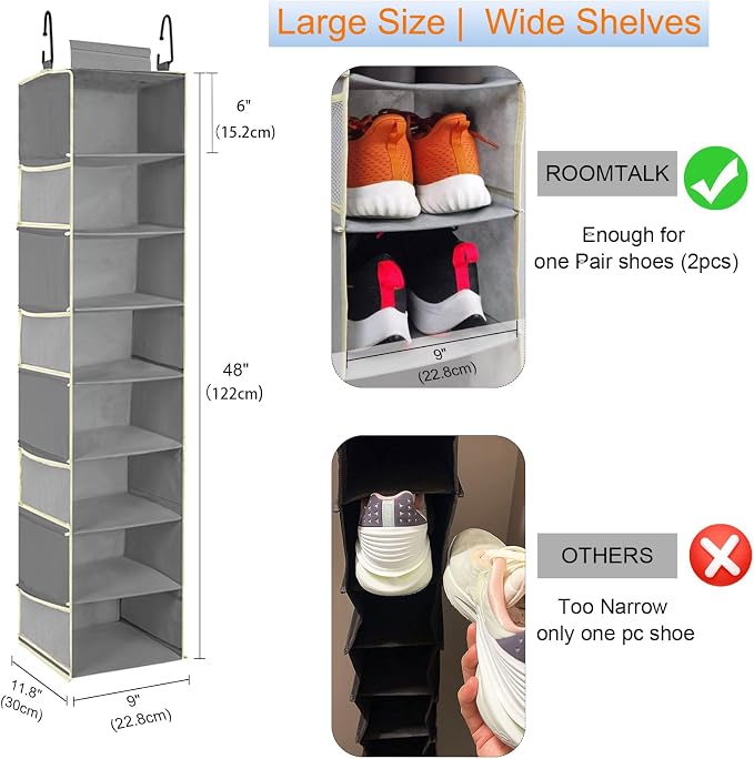 2 Pack Large-Sized Hanging Shoe Organizer 8-Shelf, Hanging Closet Organizer with 8 Side Pockets, Wider Hanging Shelves for Storage Shoes Clothes 9" W × 11.8" D× 48" H, Grey. - Image 3