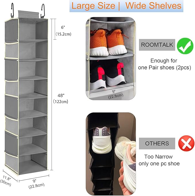 Large-Sized Hanging Shoe Organizer 8-Shelf, Hanging Closet Organizer with 8 Side Pockets, Wider Hanging Shelves for Storage Shoes Clothes 9" W × 11.8" D× 48" H, Grey - Image 3