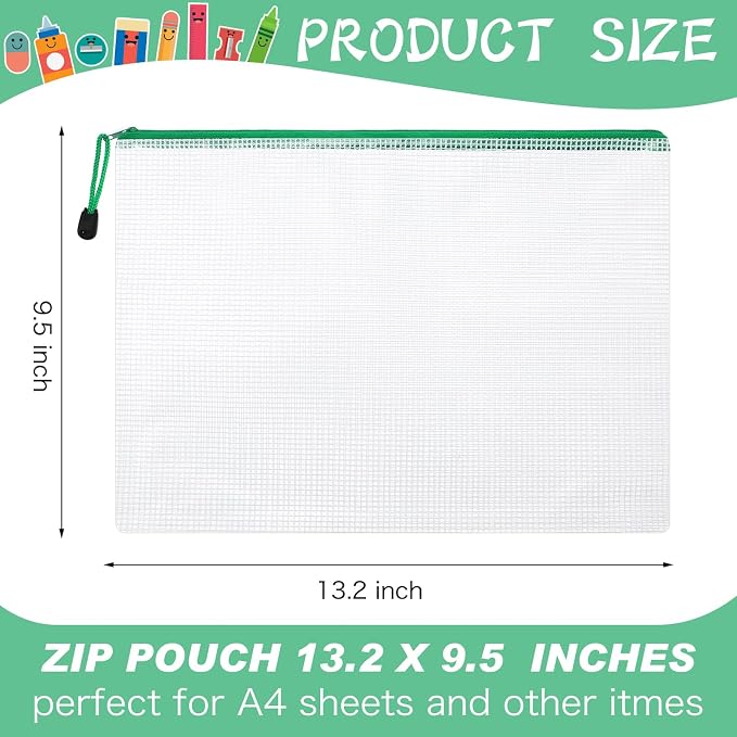 Zhehao 200 Pcs A4 Mesh Zipper Pouch Bulk Waterproof Mesh Zipper Organizer Plastic File Folder Case for School Office Supplies Document Board Games Puzzle(Green) - Image 2