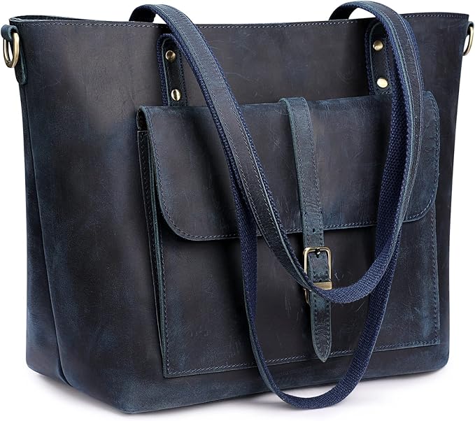 S-ZONE Women Vintage Genuine Leather Tote Bag Large Shoulder Purse Work | 14" Padded Laptop Compartment, Detachable Long Strap, Luggage Strap, Multi Pockets, Travel Everyday by S-ZONE