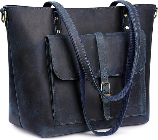 S-ZONE Women Vintage Genuine Leather Tote Bag Large Shoulder Purse Work | 14" Padded Laptop Compartment, Detachable Long Strap, Luggage Strap, Multi Pockets, Travel Everyday by S-ZONE