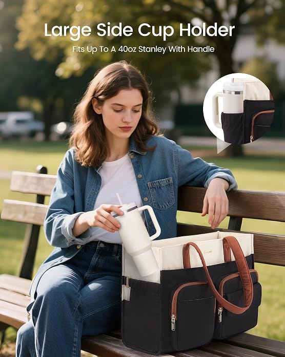 LOVEVOOK Teacher Tote Bag for Women,Multi-pocket Laptop Bag with Large Cup Holder,Nurse Bags Work Travel Computer Handbag - Image 3