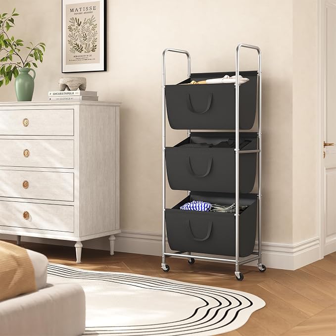 ELYKEN 3-Tier Vertical Rolling Laundry Hamper with Wheels & Removable Bags | 120L Capacity, Space-Saving Design, Locking Casters, 3 Section Laundry Sorter for Apartments, Small Spaces, Closet, Dorm - Image 2
