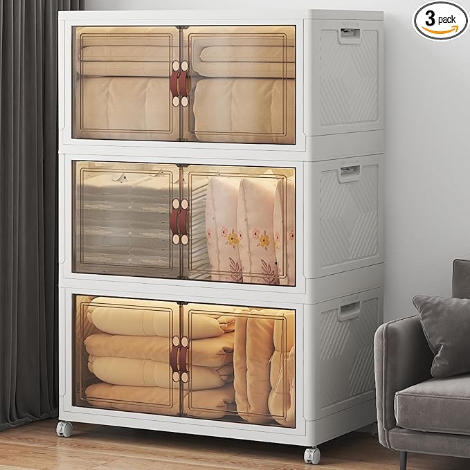 Stackable Storage Bins with Lids, 540QT Lockable Storage Cabinet | Folding Storage Box with Doors and Wheels, Collapsible Plastic Drawers for Home, Garage, Office by UAMFURIDirect