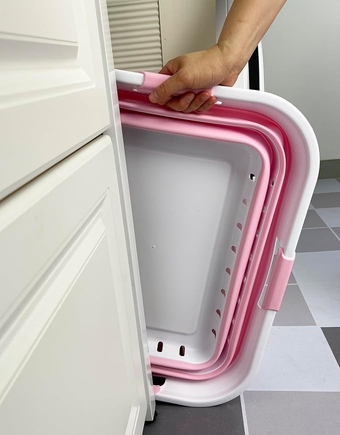 SAMMART 42 (11 Gallons) Collapsible Plastic Laundry Basket, Foldable Pop Up Storage Container/Organizer, Space Saving Hamper, Portable Bin for Dorm Room Bathroom (2, White/Cherry Pink) - Image 7