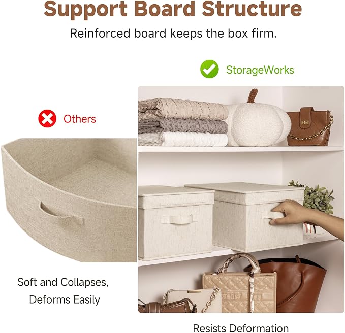 StorageWorks Fabric Storage Bins, Storage Basket with Lid, Closet Bins | Lidded Dust-proof, Easy Pull Handles, Foldable, Stackable, Ideal for Clothes Blanket Towel, Large, Rustic Linen, 3-Pack - Image 4