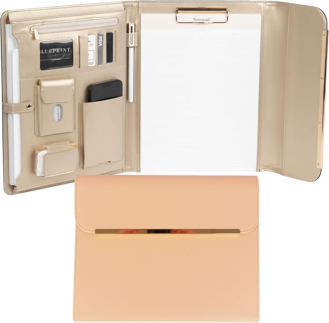BLU MONACO | Peach Beige Vegan Leather Padfolio | Professional Portfolio Binder with Magnetic Closure and Gold Trim | 8.5 x 11 Business Organizer Case for Women by Blu_Monaco