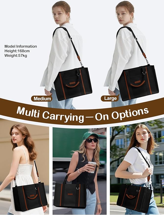 BESBESME Women’s Canvas Tote Bag with Zipper and Compartments – Multi-Pocket Laptop Work Crossbody Shoulder Tote Purse - Image 2