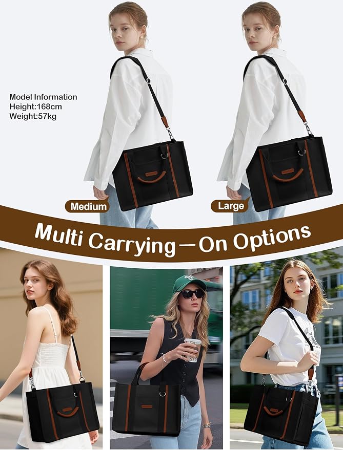 BESBESME Women’s Canvas Tote Bag with Zipper and Compartments – Multi-Pocket Laptop Work Crossbody Shoulder Tote Purse - Image 2