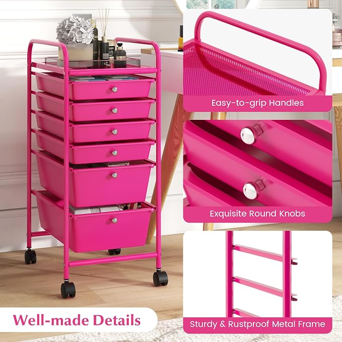GOFLAME 6-Drawer Rolling Storage Cart, Multifunctional Art Craft Organizer, Mobile Utility Storage with Removable Drawers & Lockable Wheels, Craft Cart for Home Office, Hot Pink - Image 6