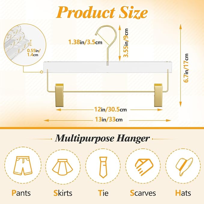 10 Pack Clear Gold Acrylic Pants Hangers with Adjustable Clips | Non-Slip & Heavy Duty Hangers for Pants, Skirts, Jeans, Trousers, Scarves, Adults & Kids, Clothing Closet Storage Organizer - Image 2