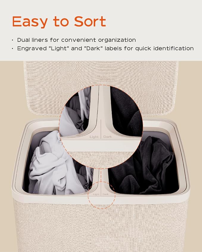 CASAMAYA Laundry Basket with Lid, Laundry Hamper 2 Section, 170L collapsible Laundry Organizer, Easy Assembly, with Handles and Removable Liners, 22 x 15.7 x 29.5 Inches, Beige JSP903M - Image 5