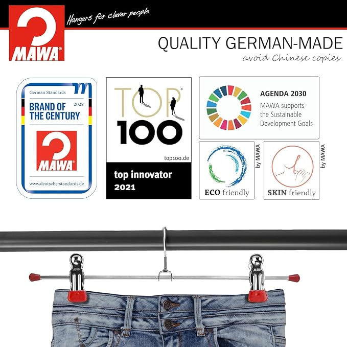 Mawa by Reston Lloyd Non-Slip Space-Saving Clothes Hanger for Pants & Skirts with Two Clips, Style K/40D, Set of 10, 15 3/4"L, Red - Image 4