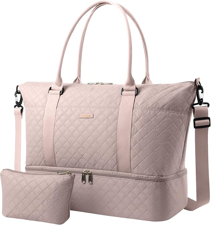 HOTOR Travel Duffel Bag - Weekender Bags for Women, Carry On Gym Tote Bags | with Toiletry Bag & Shoe Compartment, Overnight Bag for Travel Essentials and Travel Accessories, Pink, 13.4"×17.3"×7.9" by HOTOR