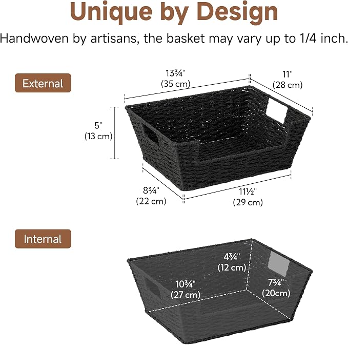 StorageWorks Pantry Baskets for Shelves, Snack Baskets, Black Paper Rope | Pantry Baskets for Patato and Onion Storage, Stackable Wicker Basket Organizer for Shelf, Woven Basket for Storage, 2-Pack - Image 2
