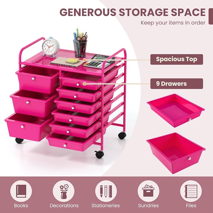 9 Drawer Rolling Storage Cart, Rolling Cart with Drawers for Classroom, Art Supply Craft Organizer on Wheel with Metal Frame & Handles for Home Office School - Image 6