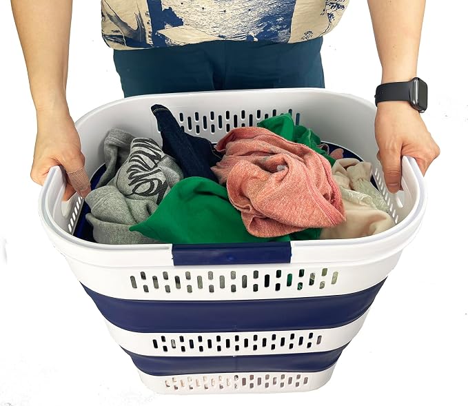 SAMMART 38L (10 Gallon) Collapsible Plastic Laundry Basket - Portable Pop-Up Storage Container/Organizer – Foldable Space Saving Laundry Hamper (2, White/Starry Blue) - Image 8