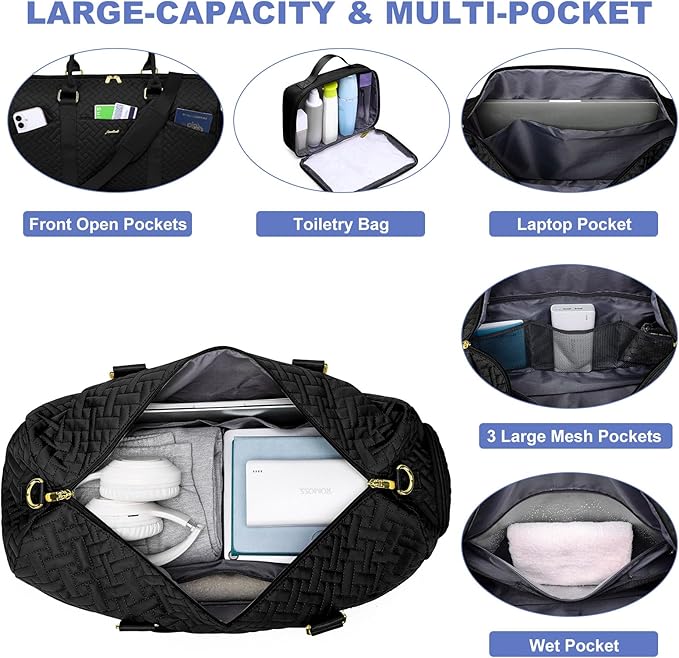 Women Weekender Travel Duffle Bag: Travel Duffel Overnight Bags with Shoe Compartment Large Carry on Tote with Toiletry Bag Weekend Traveling Yoga Gym Hospital Bag for Women with Wet Pocket Black - Image 2