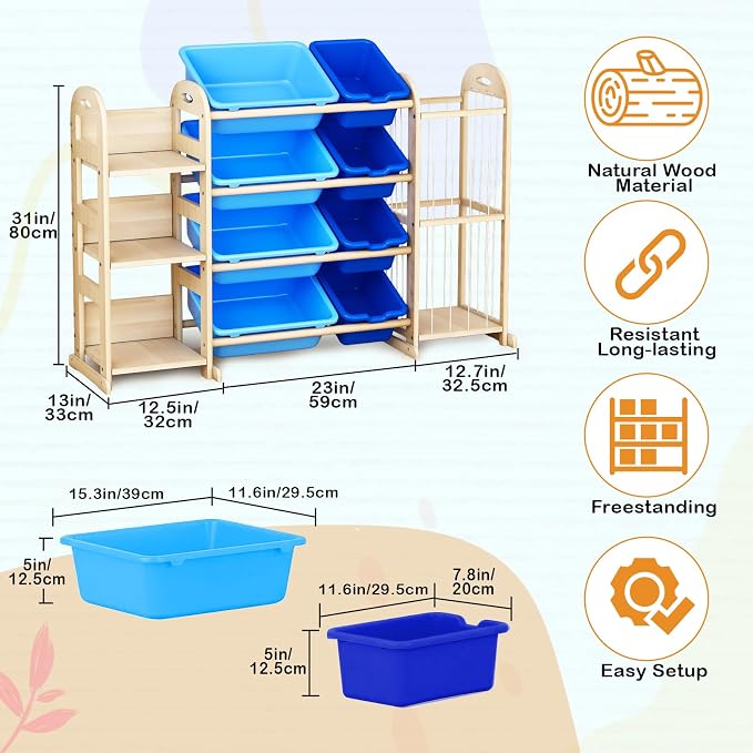 Toy Storage Organizer, Toy Organizers and Storage with Stuffed Animal Storage, Kids Toy Storage Shelf with 3 Shelves 8 Storage Bins, Kids Bookshelf, Toy Holder for Playrooms, Bedrooms, Blue - Image 2
