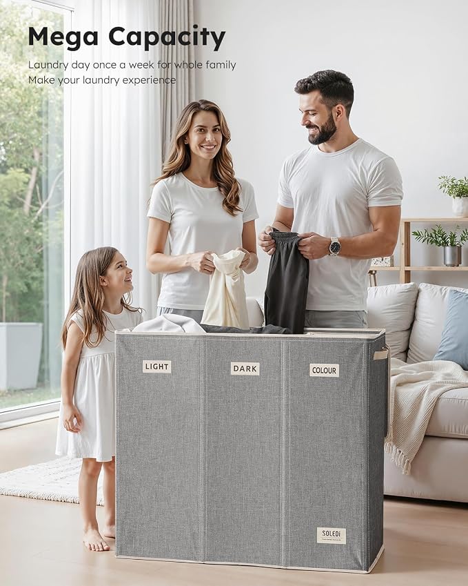 SOLEDI 200L 3-Section Laundry Hamper with Lid, Extra Large Dirty Clothes Basket with Sturdy Handles for Laundry Room & Bedroom - Durable Organizer for Sorting Laundry - Image 2
