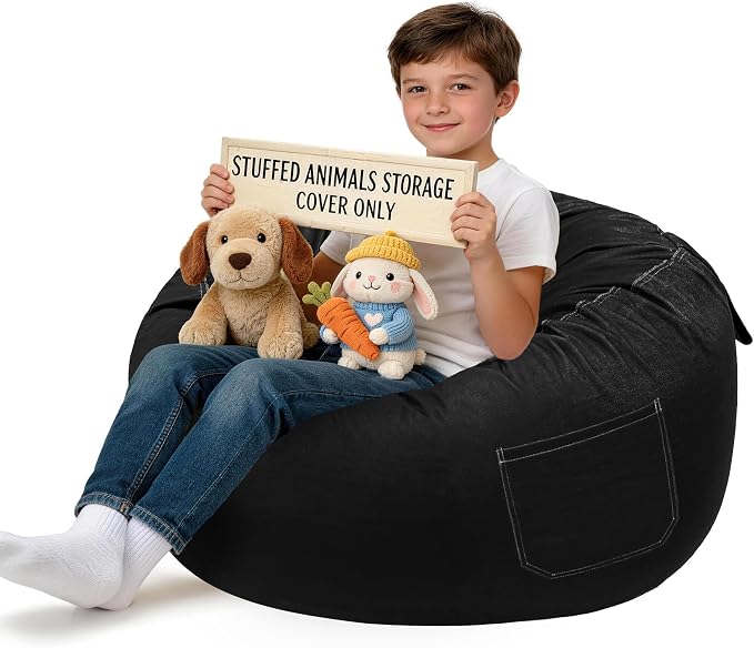 Lukeight Stuffed Animals Storage Bean Bag Chair Cover for Kids, Cozy Velvet Plush Toy Organizer Seat, Cover Only, No Filling Included, Long YKK Zipper, Side Pocket, X-Large 30 x 18 in by Lukeight