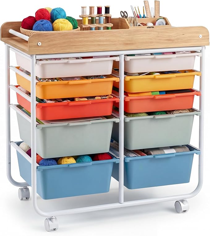 Rolling Storage Cart with 10 Drawers, Plastic Large Capacity Craft Organizer on Wheels with Wooden Top, Mobile Art Supply Utility Cart for Classroom, Home, Office by SILKYDRY