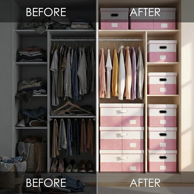 Storage Bins with Lids [3-Pack] Linen Fabric Foldable Storage Boxes Organizer Containers Baskets Cube with Cover for Bedroom Closet Office White&Pink (23.4X15.9X11.4) - Image 5