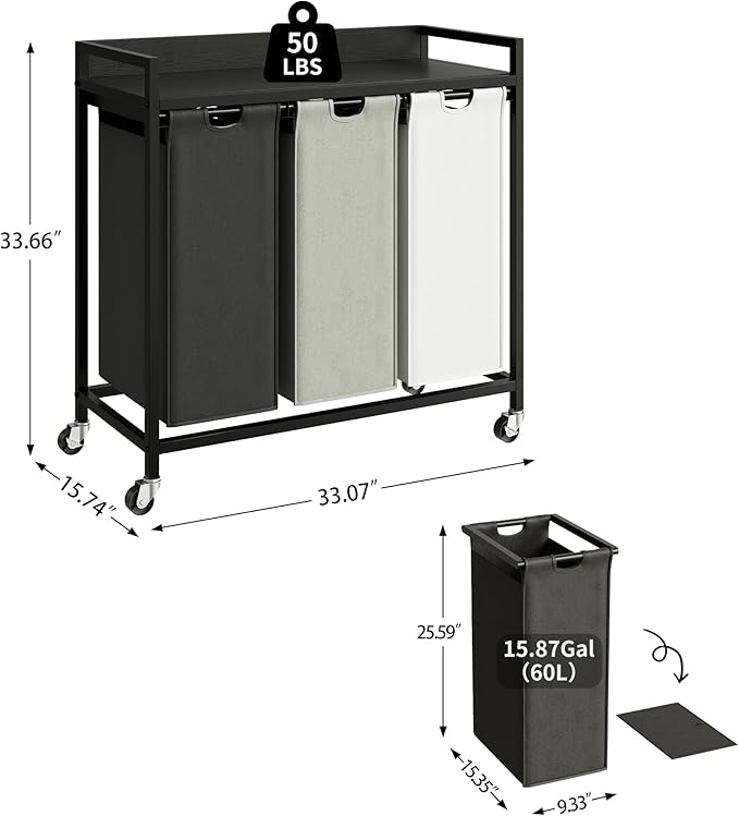 Herture Laundry Hampers with Shelf, Laundry Basket 3 Section, 3 x 15.87 Gal | Laundry Sorter with Pull-Out Removable Large 3 Color Bags and Movable Wheels, Metal Frame, Black PF04XLK - Image 4