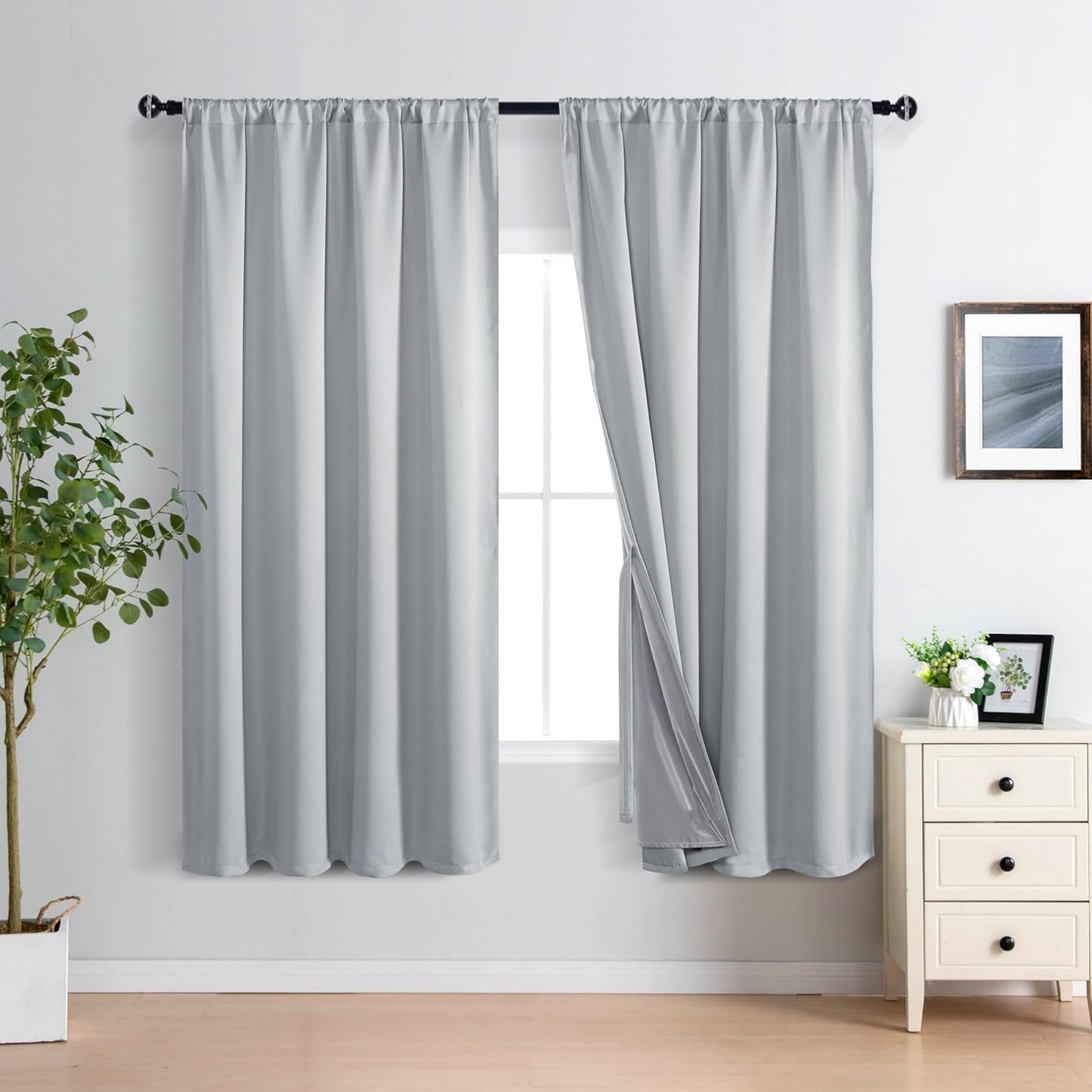 XWZO 100% Blackout Curtains 63 Inches Long with Tiebacks- Rod Pocket Heat and Full Light Blocking, Thermal Insulated Window Panels for Bedroom/Nursery, Light Grey, W60 x L63, Set of 2 Draperies