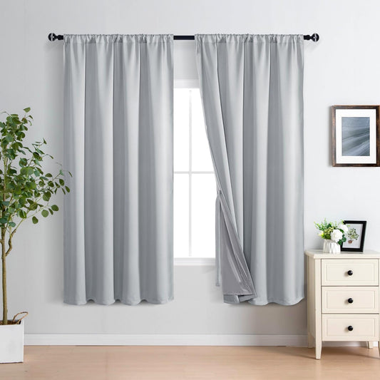 XWZO 100% Blackout Curtains 63 Inches Long with Tiebacks- Rod Pocket Heat and Full Light Blocking, Thermal Insulated Window Panels for Bedroom/Nursery, Light Grey, W60 x L63, Set of 2 Draperies