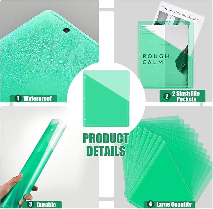 Seajan 100 Pcs Binder Pocket Folders, Clear 3 Ring Binder, Green | Plastic Folders Sleeves with 2 Pockets, Poly Slash File Jackets, 3 Hole Punched Dividers for School, Office, Documents - Image 2