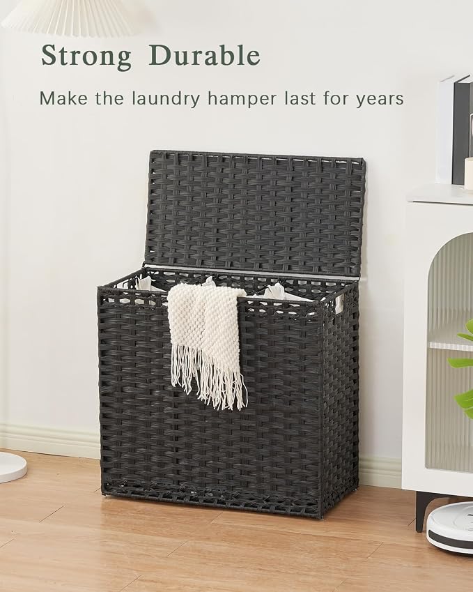 SETVSON Laundry Hamper with Lid Laundry Basket 35 Gal PE Rattan, Black | Large Family Clothes Sorter Trunk with Lid, 4 Compartment Washable Liners, 6 Mesh Bags, Collapsible Steel Frame - Image 7