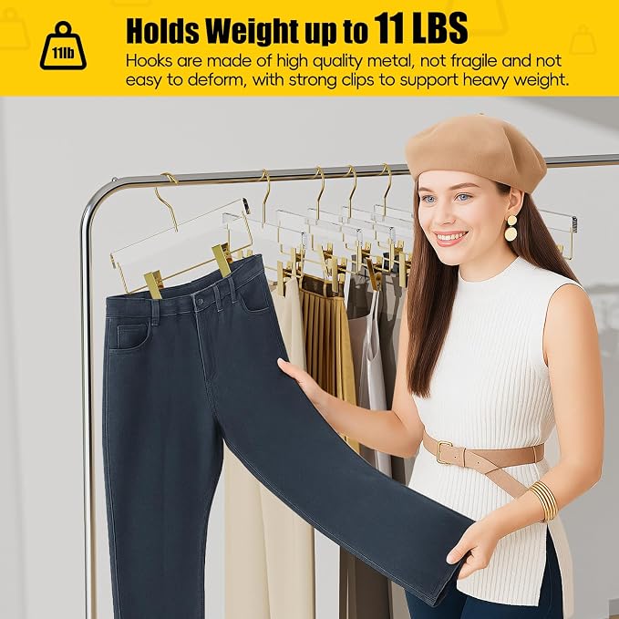 Gold Acrylic Pants Hangers 10 Pack with Adjustable Clips | Non-Slip & Heavy Duty Hangers for Pants, Skirts, Jeans, Trousers, Scarves, Adults & Kids, Clothing Closet Storage - Image 4